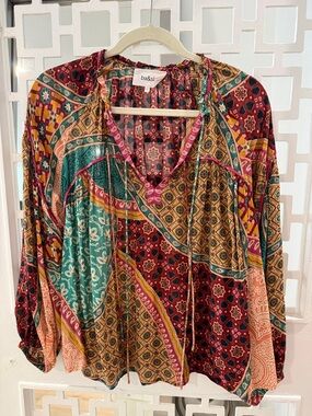 Ba&sh Colorful Patchwork Boho V-Neck Peasant Top